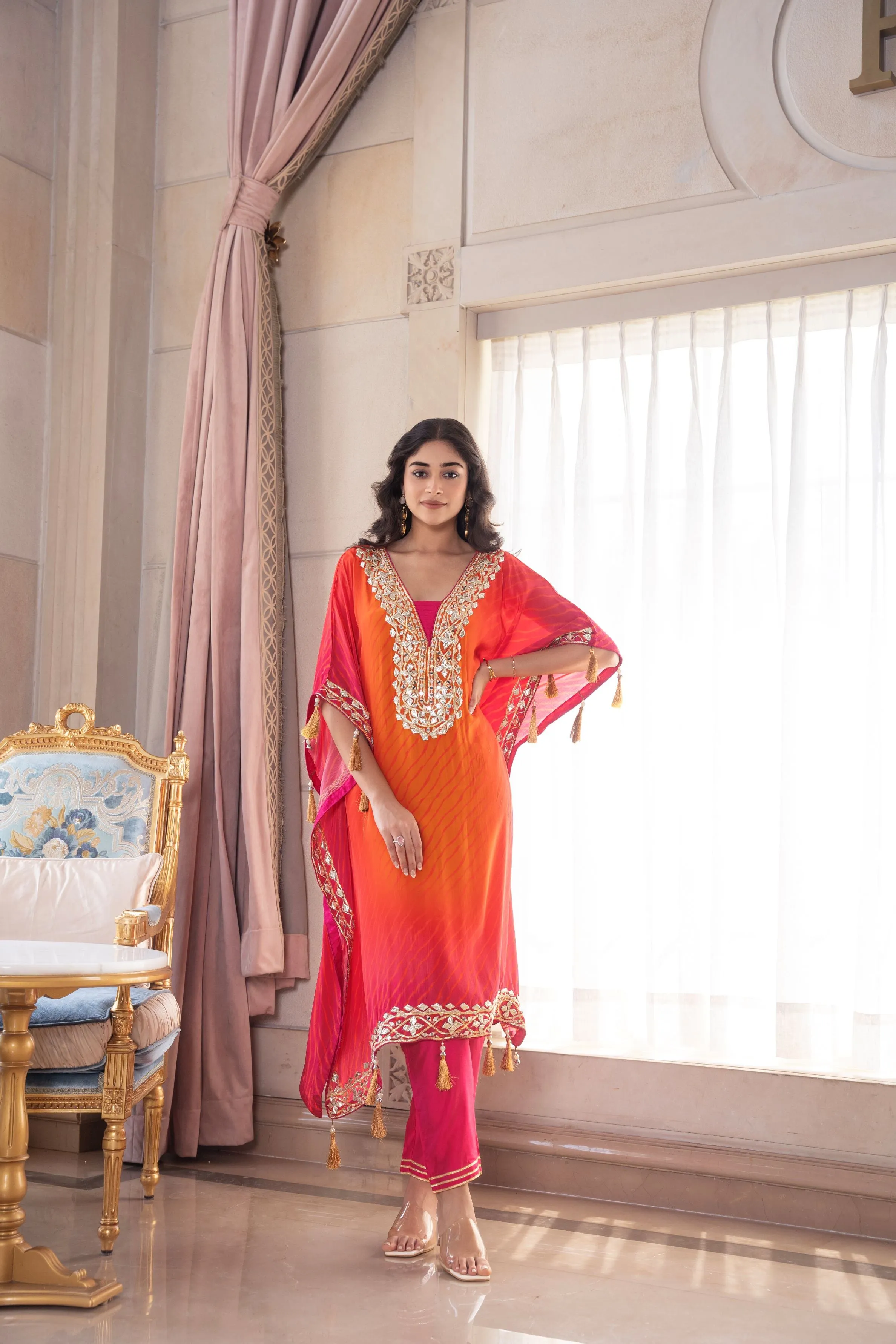 Pink Ombre-Dyed Crepe Silk Kaftan Set