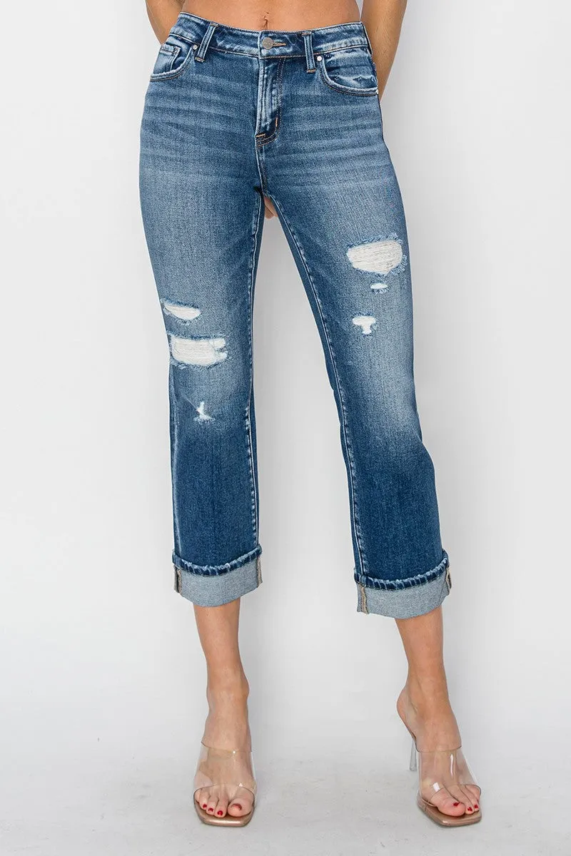 RISEN Full Size Cuffed Ankle Distressed Straight Jeans