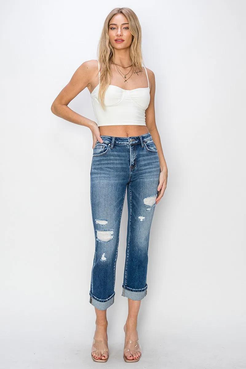 RISEN Mid Rise Cuffed Ankle Distressed Straight Jeans