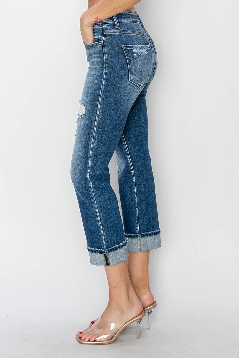 RISEN Mid Rise Cuffed Ankle Distressed Straight Jeans