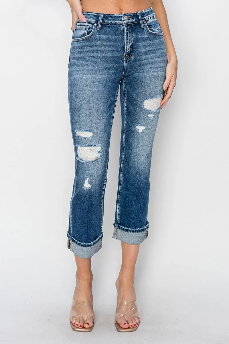 RISEN Mid Rise Cuffed Ankle Distressed Straight Jeans