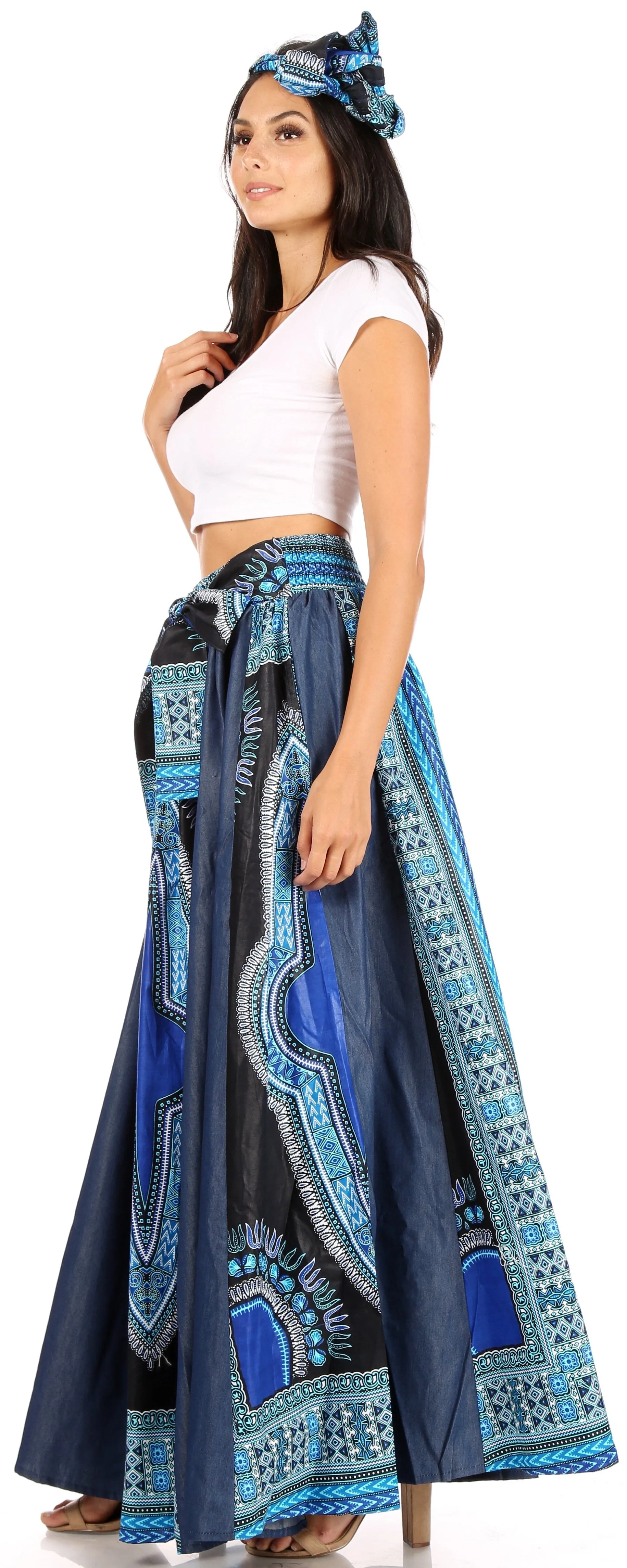 Sakkas Elif Women's Long Maxi African Ankara Print Skirt Elastic Waist & Pockets