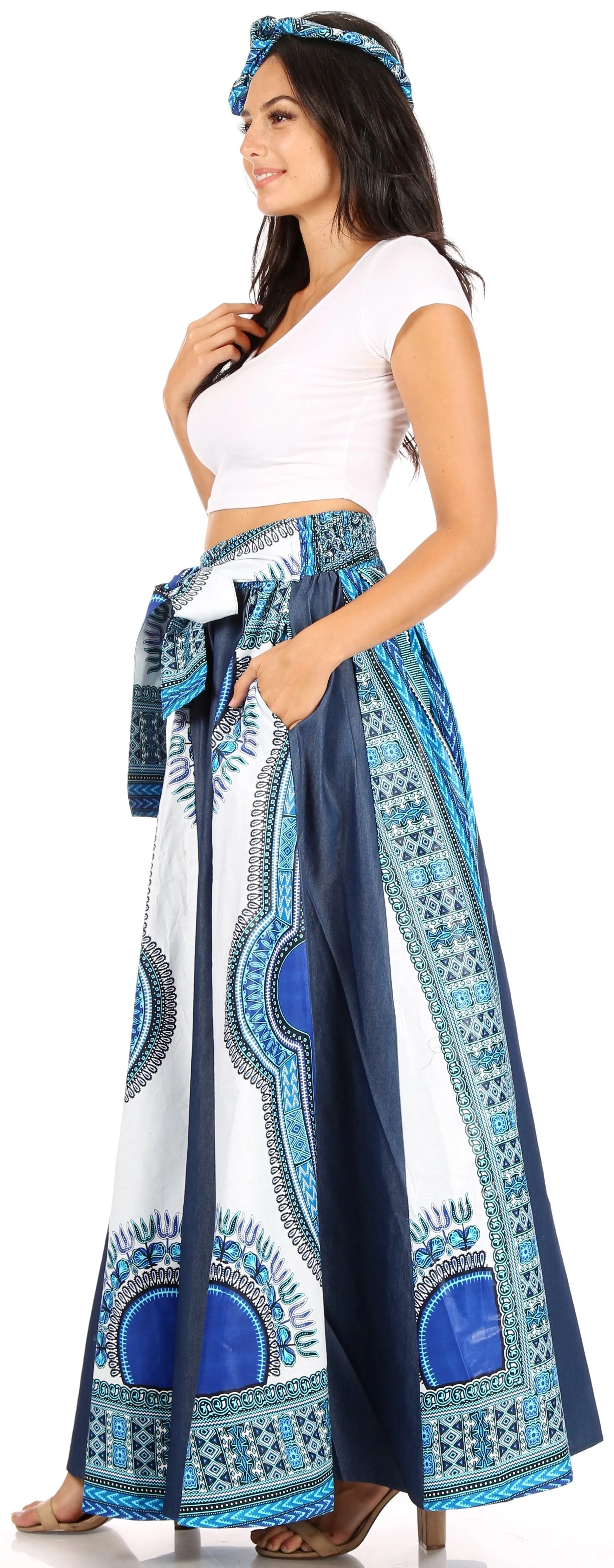 Sakkas Elif Women's Long Maxi African Ankara Print Skirt Elastic Waist & Pockets