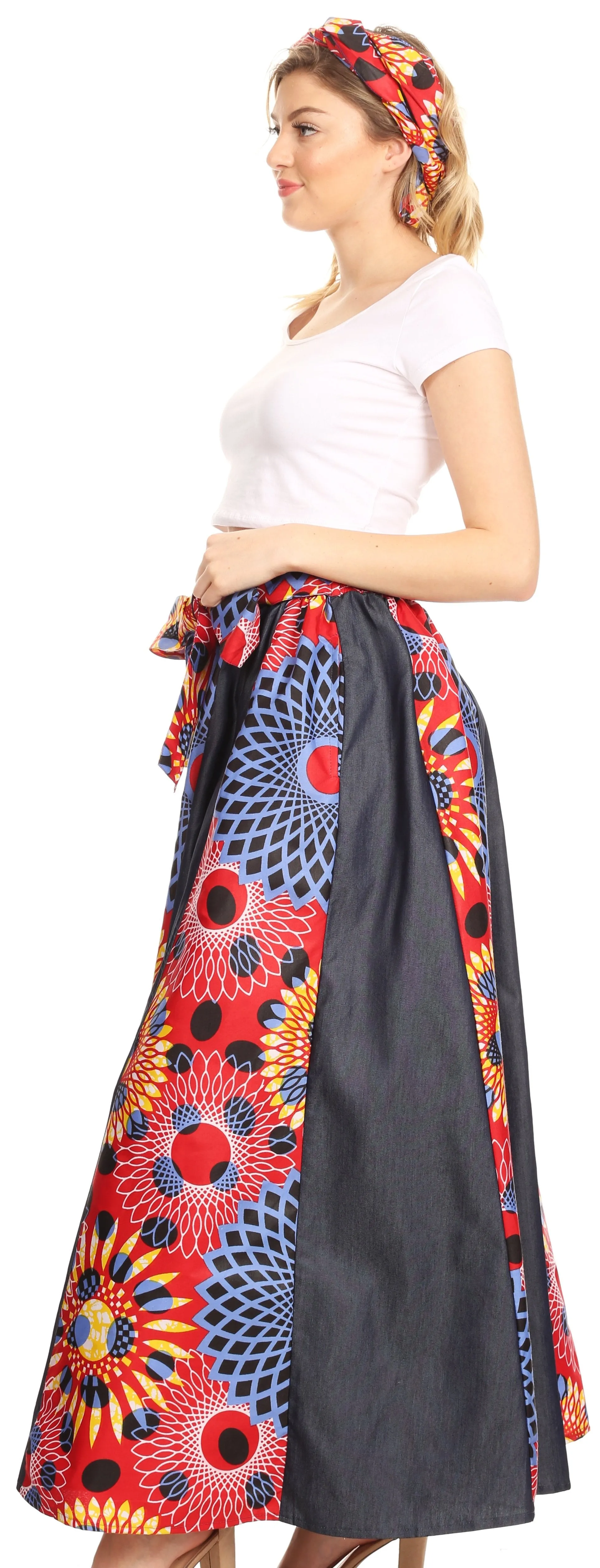 Sakkas Elif Women's Long Maxi African Ankara Print Skirt Elastic Waist & Pockets