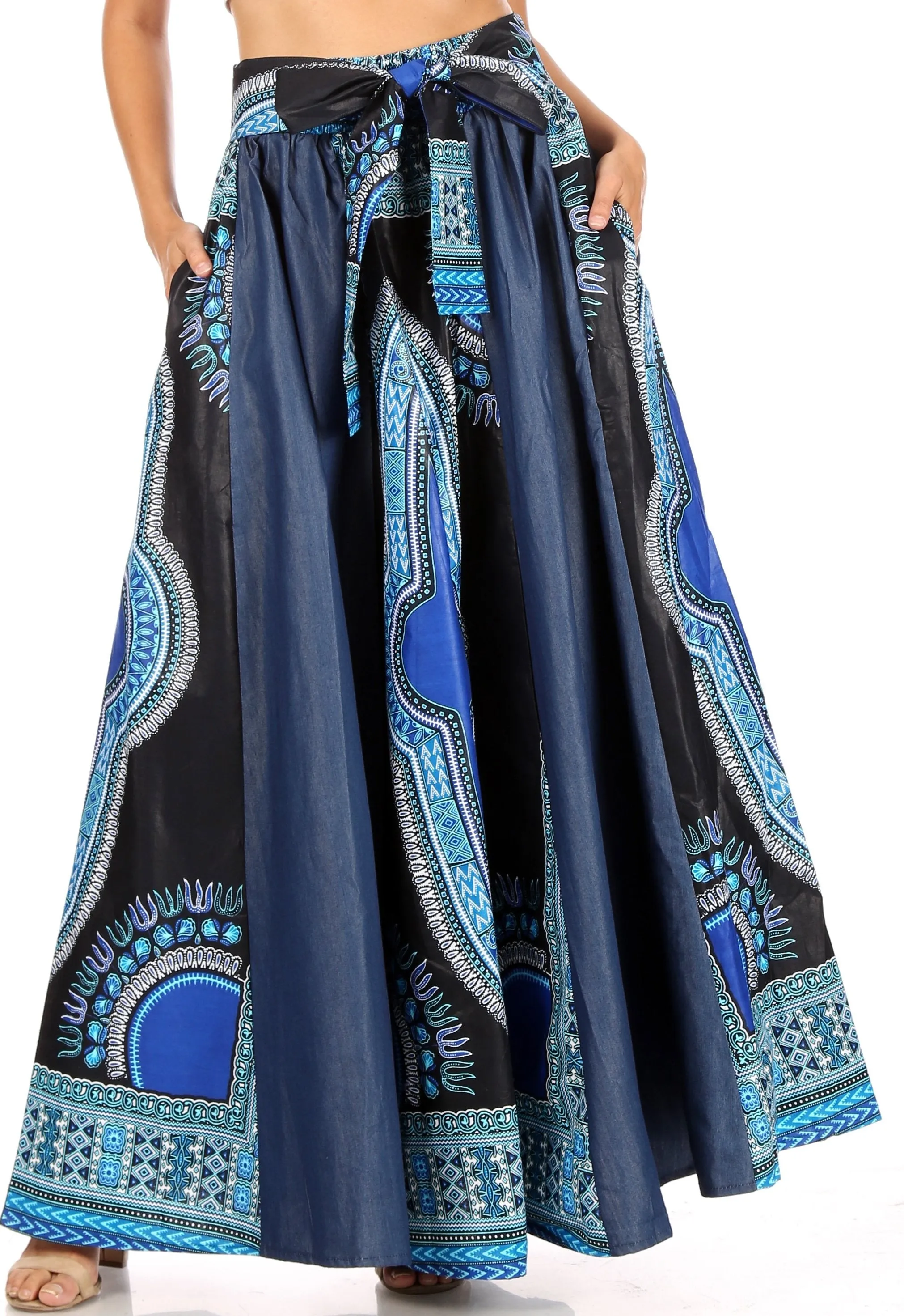 Sakkas Elif Women's Long Maxi African Ankara Print Skirt Elastic Waist & Pockets