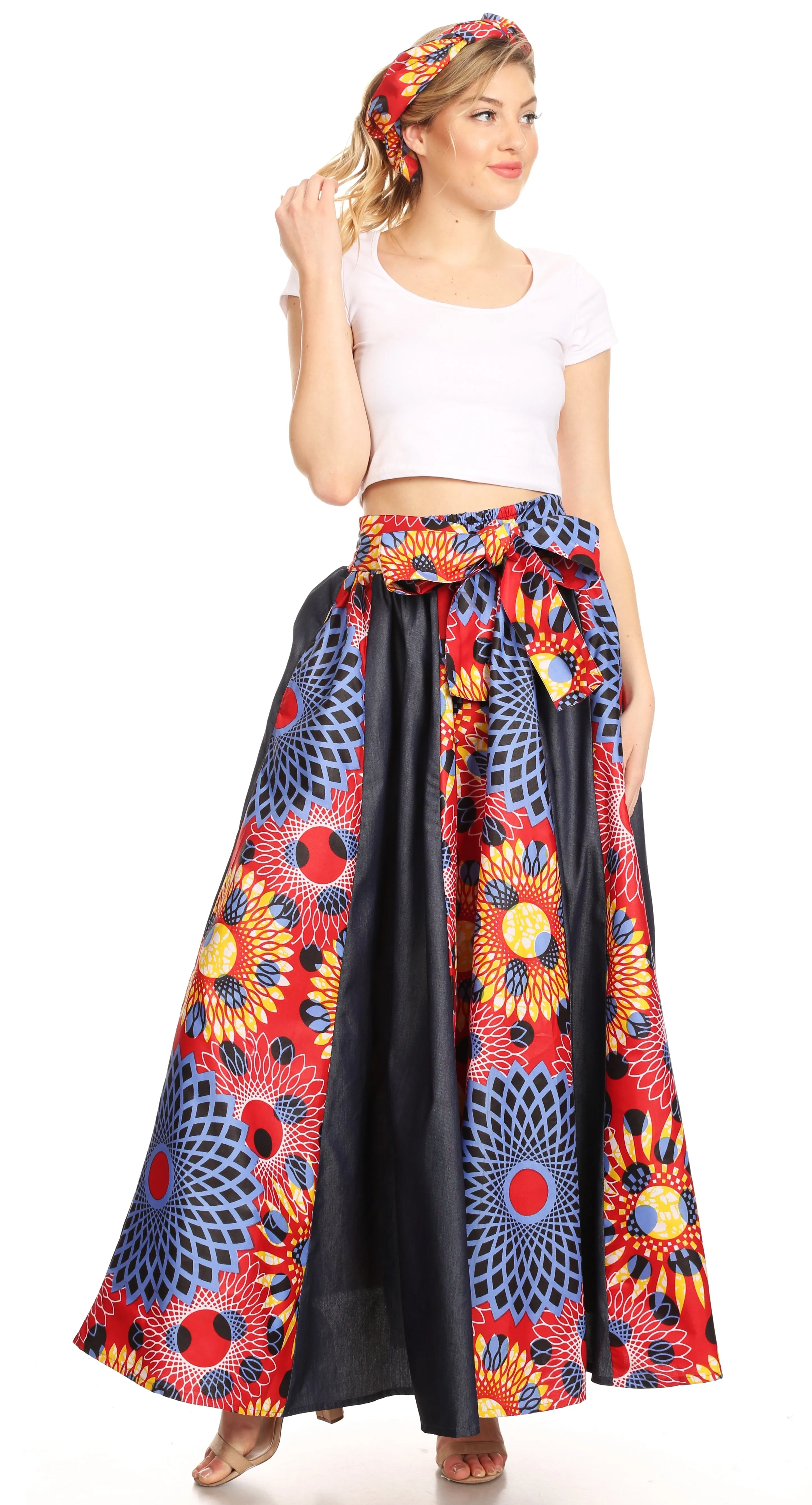 Sakkas Elif Women's Long Maxi African Ankara Print Skirt Elastic Waist & Pockets