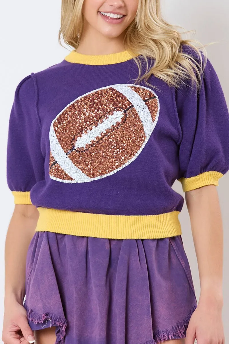 SALE! Sequin Football Purple & Yellow Short Sleeve Sweater