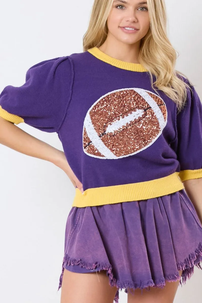 SALE! Sequin Football Purple & Yellow Short Sleeve Sweater