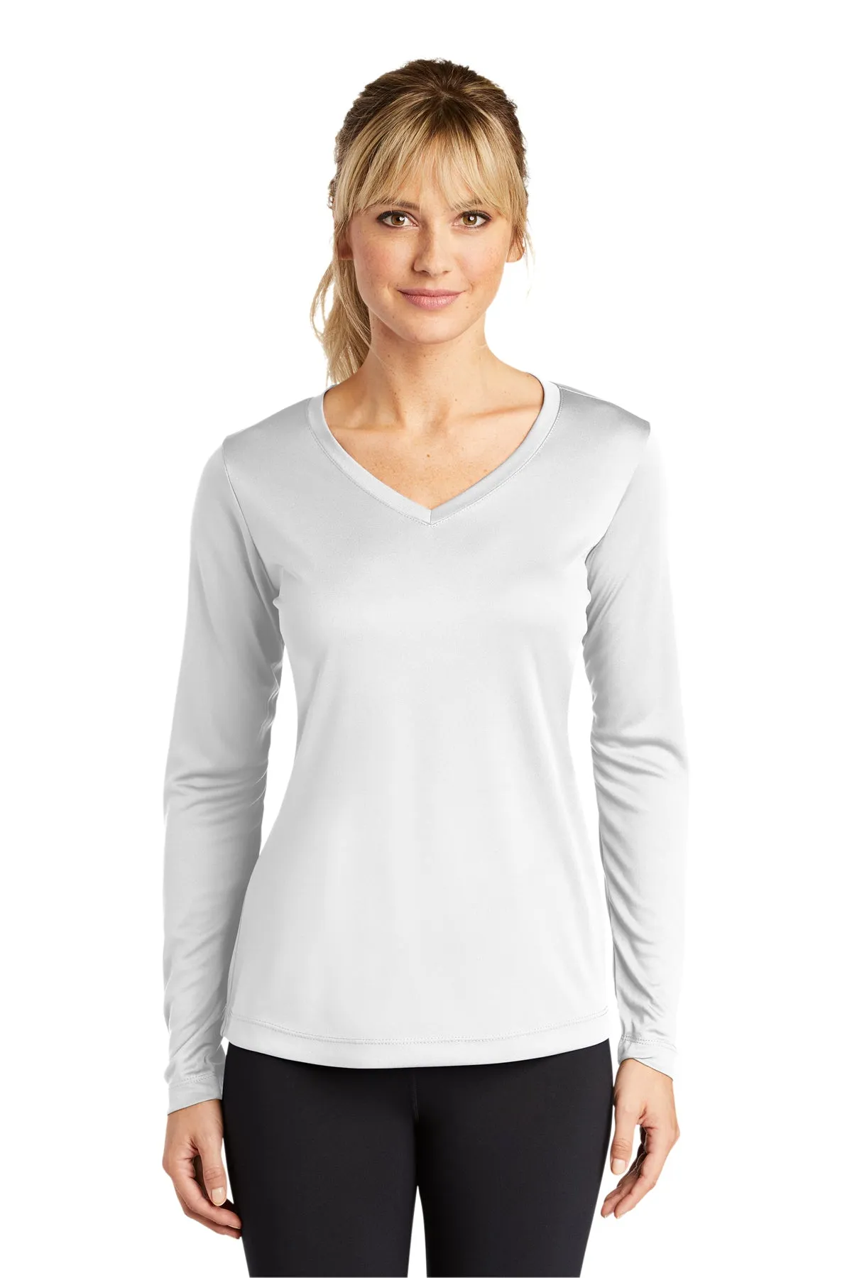 Sport-Tek Ladies Long Sleeve PosiCharge Competitor Branded V-Neck Tee's, White