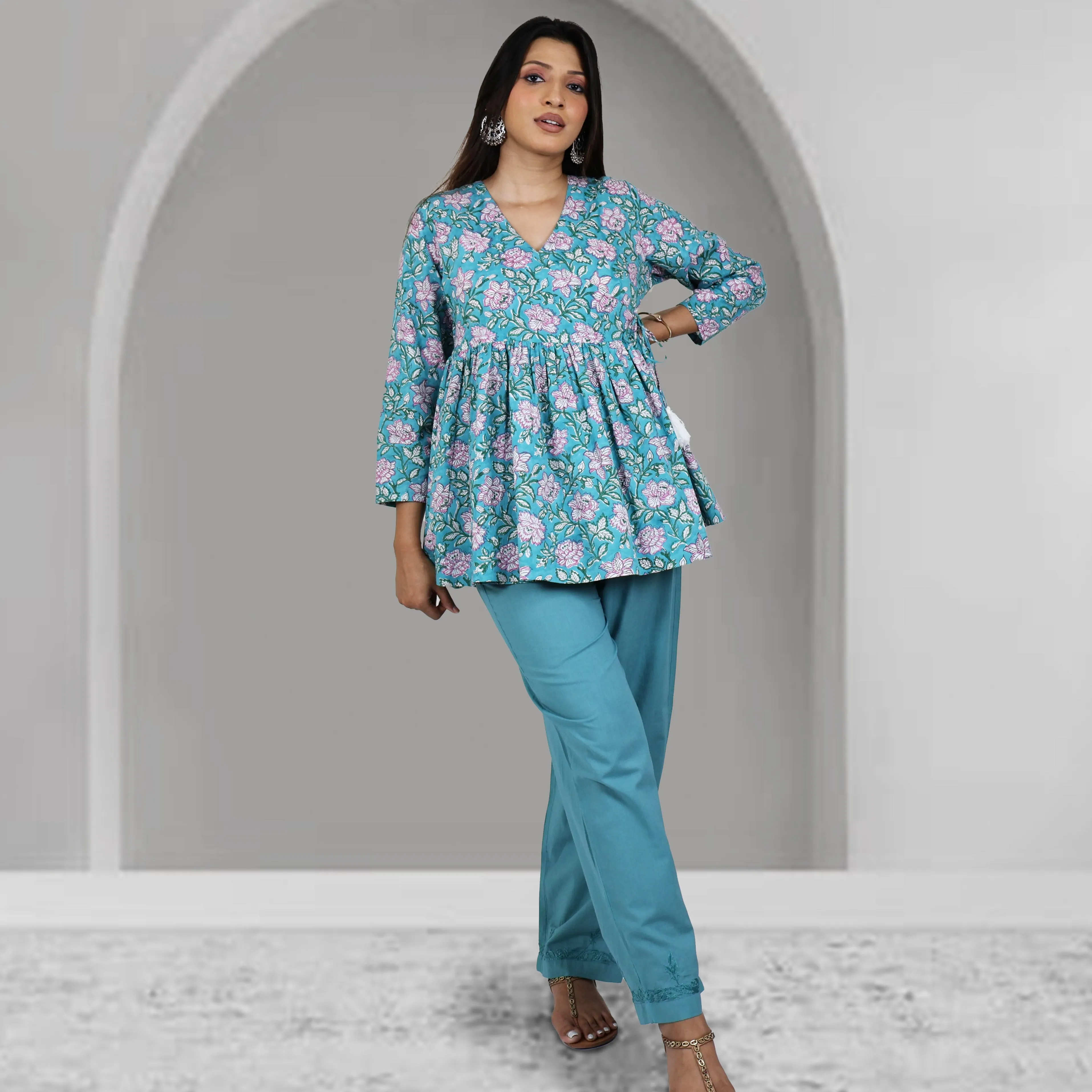 TAANYA Cotton Jaipuri Block Print Angrakha Wrap Top with Side Tie