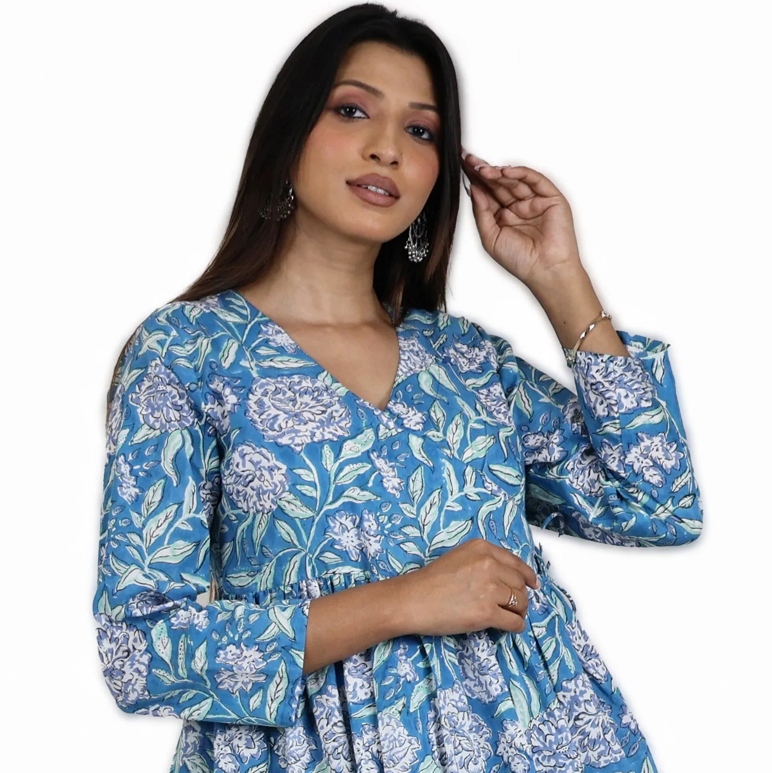 TAANYA Cotton Jaipuri Block Print Angrakha Wrap Top with Side Tie