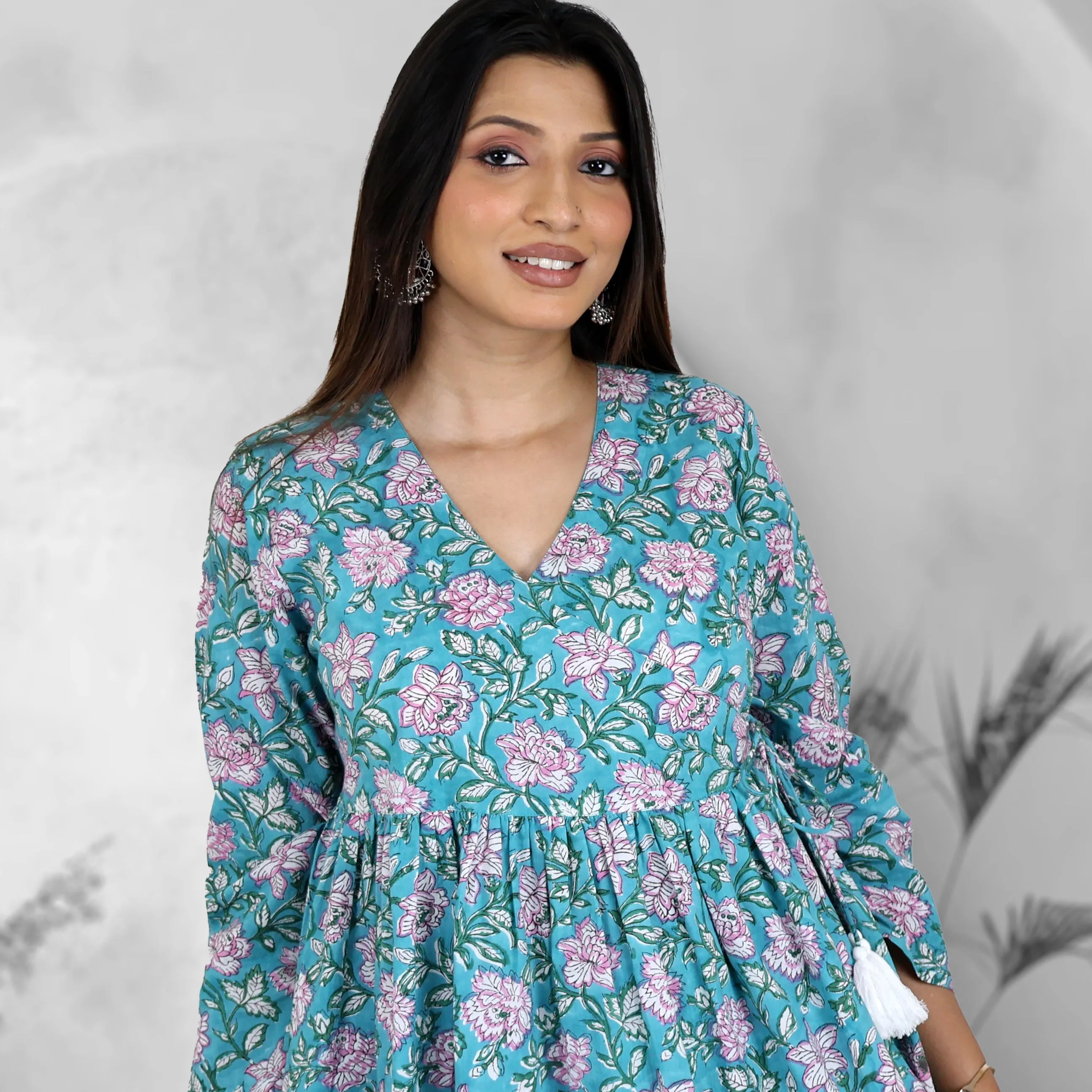 TAANYA Cotton Jaipuri Block Print Angrakha Wrap Top with Side Tie