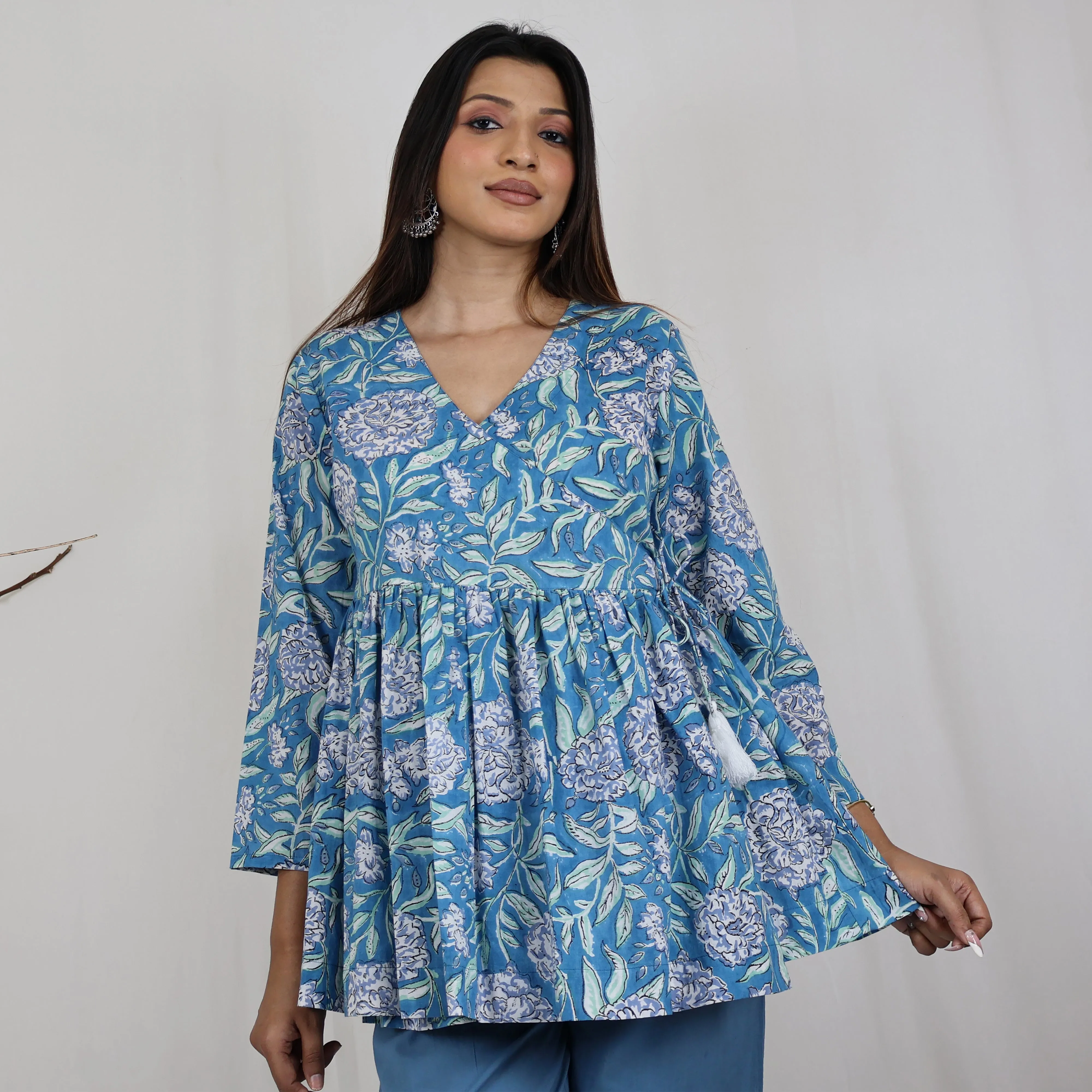 TAANYA Cotton Jaipuri Block Print Angrakha Wrap Top with Side Tie