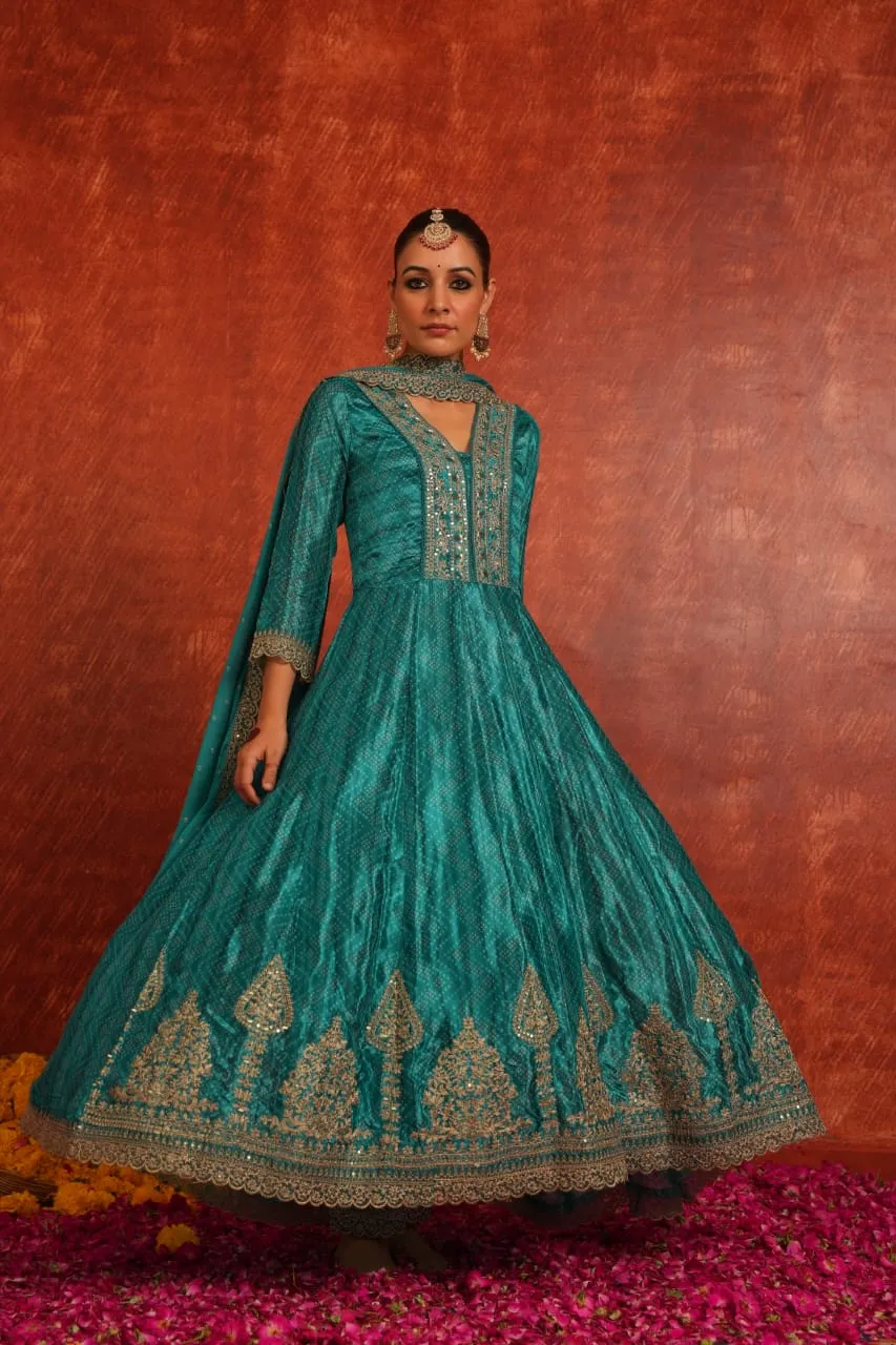 Teal Blue Bandhej Printed Premium Silk Anarkali Set