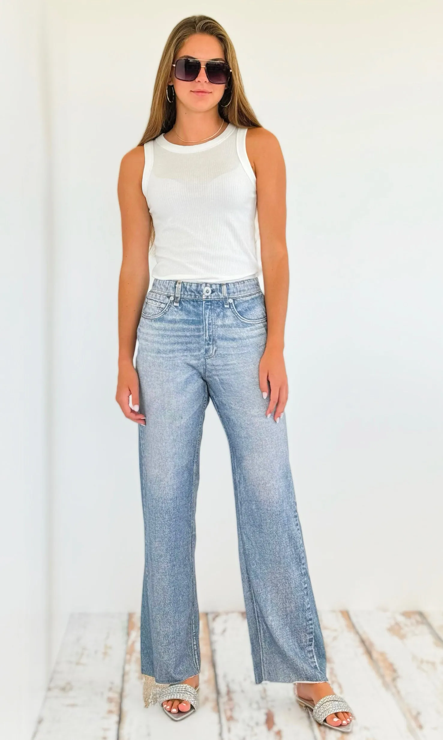 Washed Denim Elastic Waist Pants - Light Denim