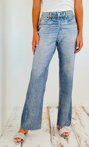 Washed Denim Elastic Waist Pants - Light Denim