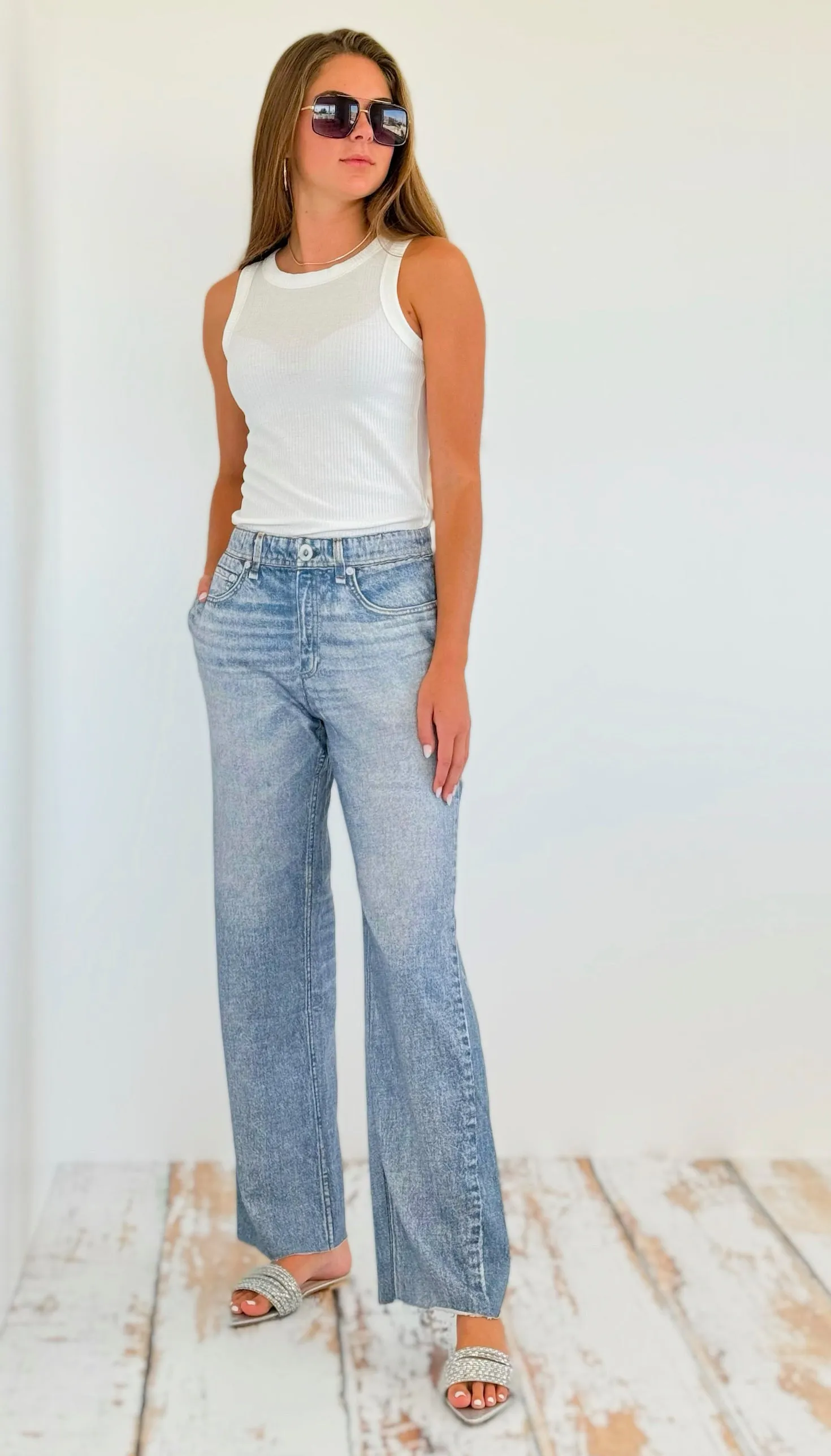 Washed Denim Elastic Waist Pants - Light Denim