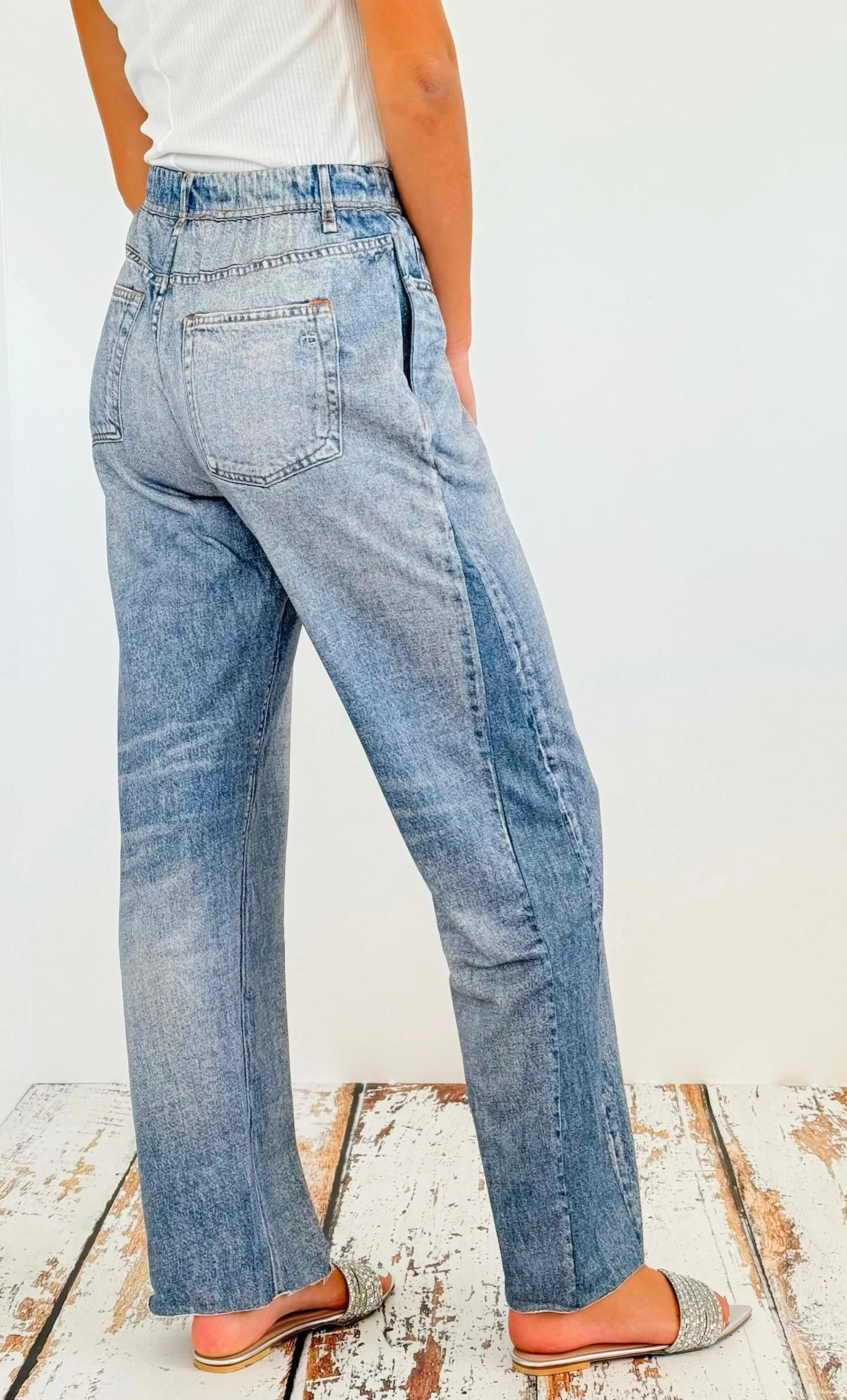 Washed Denim Elastic Waist Pants - Light Denim