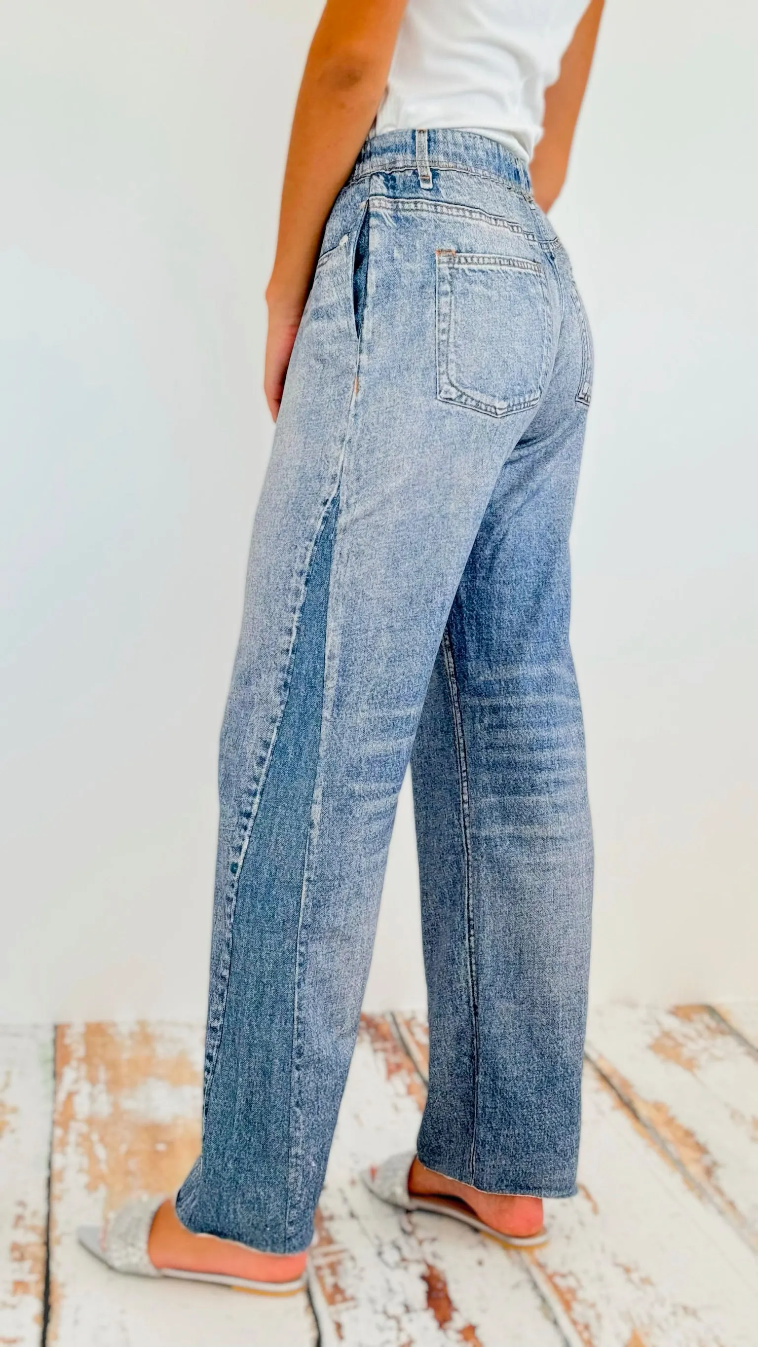 Washed Denim Elastic Waist Pants - Light Denim