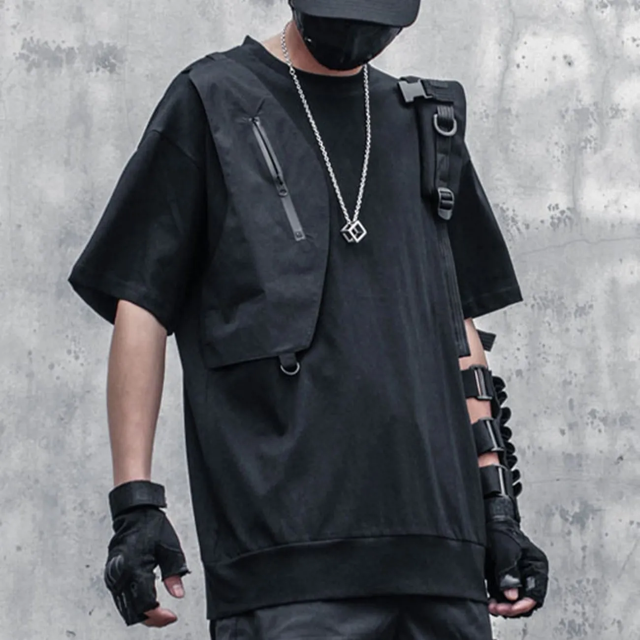 WLS Dark Functional Zipper Patchwork Tee