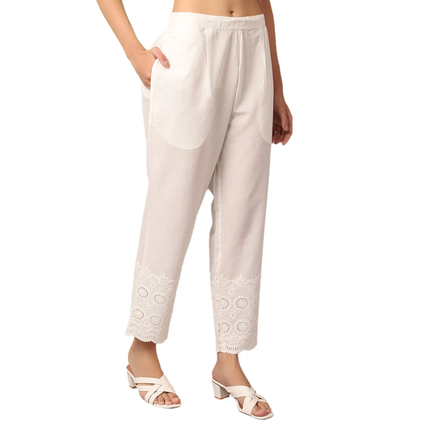 Women's Casual Regular Fit Offwhite Pleated Front Mid rise Ethnic Pant