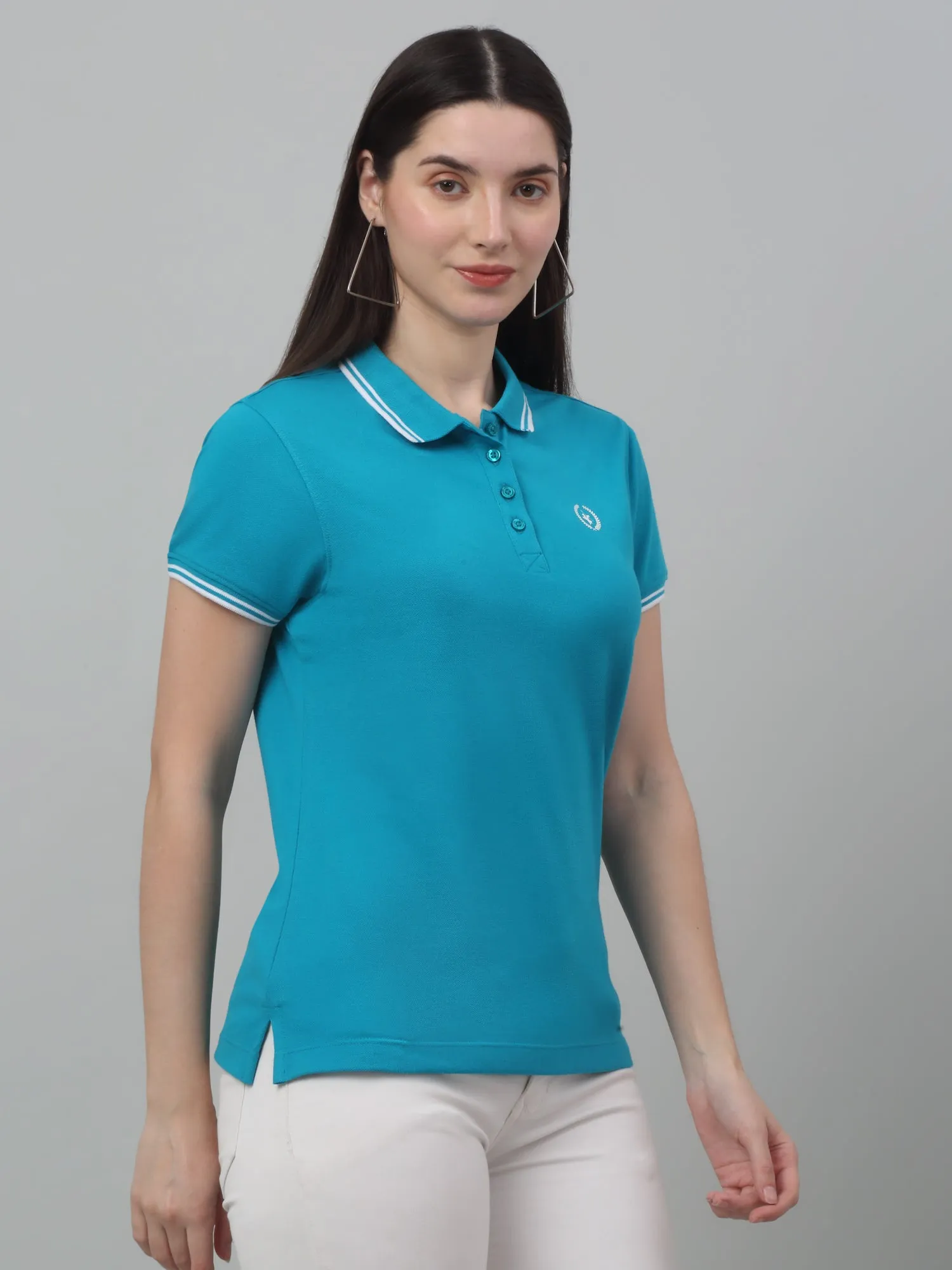 Women's Casual Regular Short Sleeve Blue Polo neck  T-Shirt