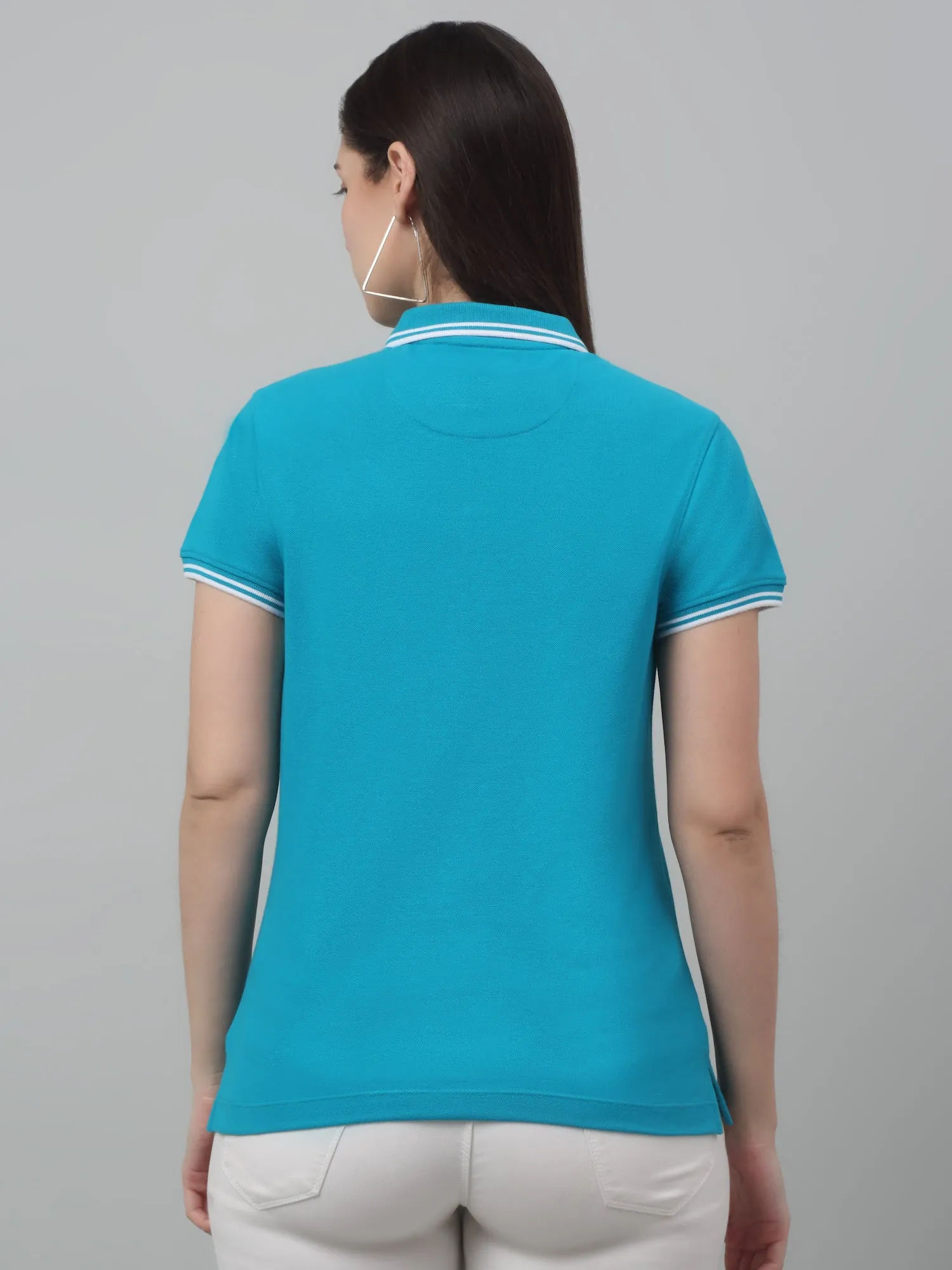 Women's Casual Regular Short Sleeve Blue Polo neck  T-Shirt