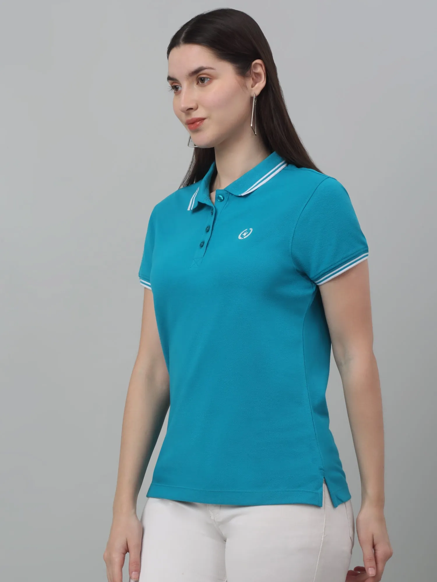 Women's Casual Regular Short Sleeve Blue Polo neck  T-Shirt