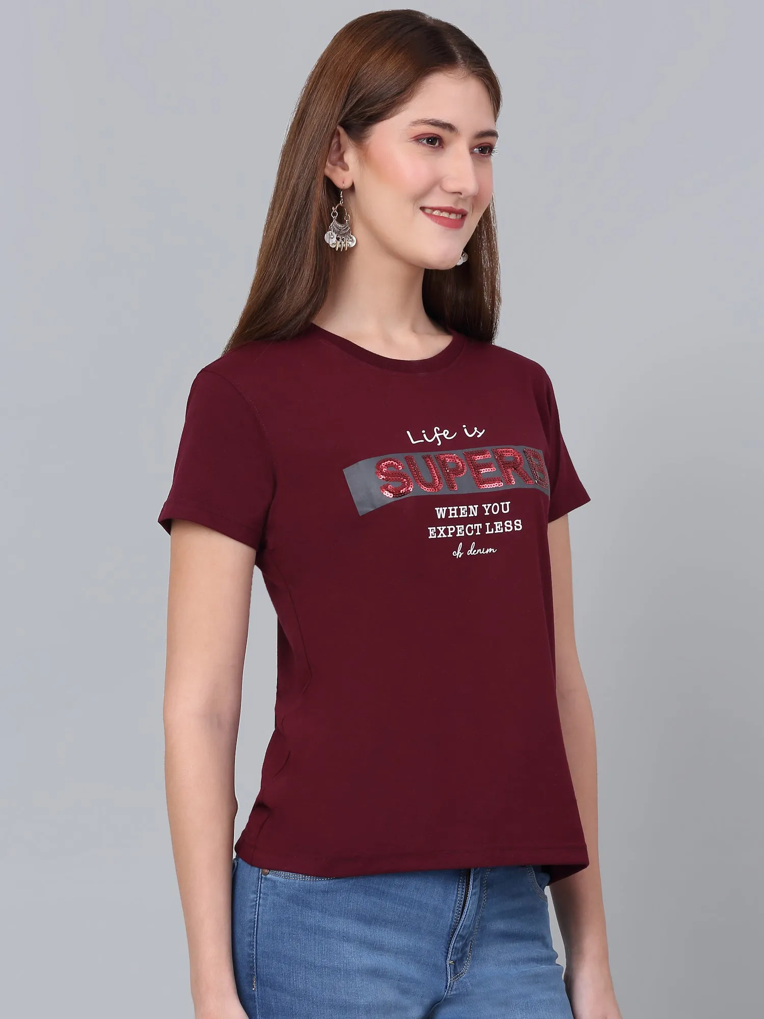 Women's Maroon Printed Short Sleeve T-shirt