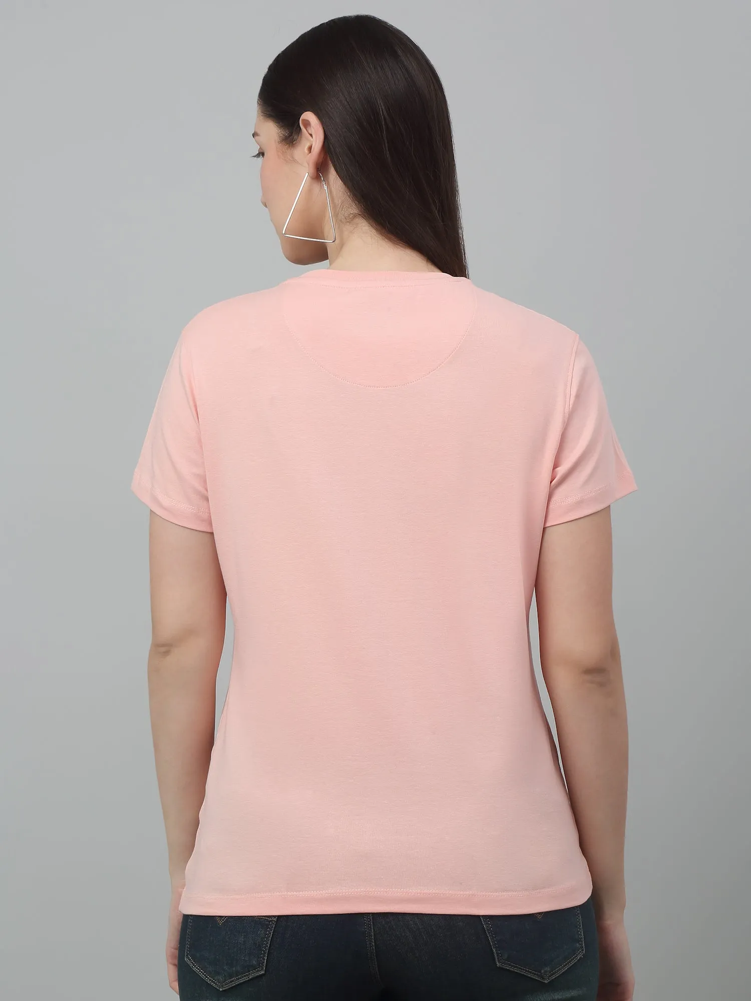 Women's Pink Printed Sequence Work Round Neck Casual T-shirt For Summer