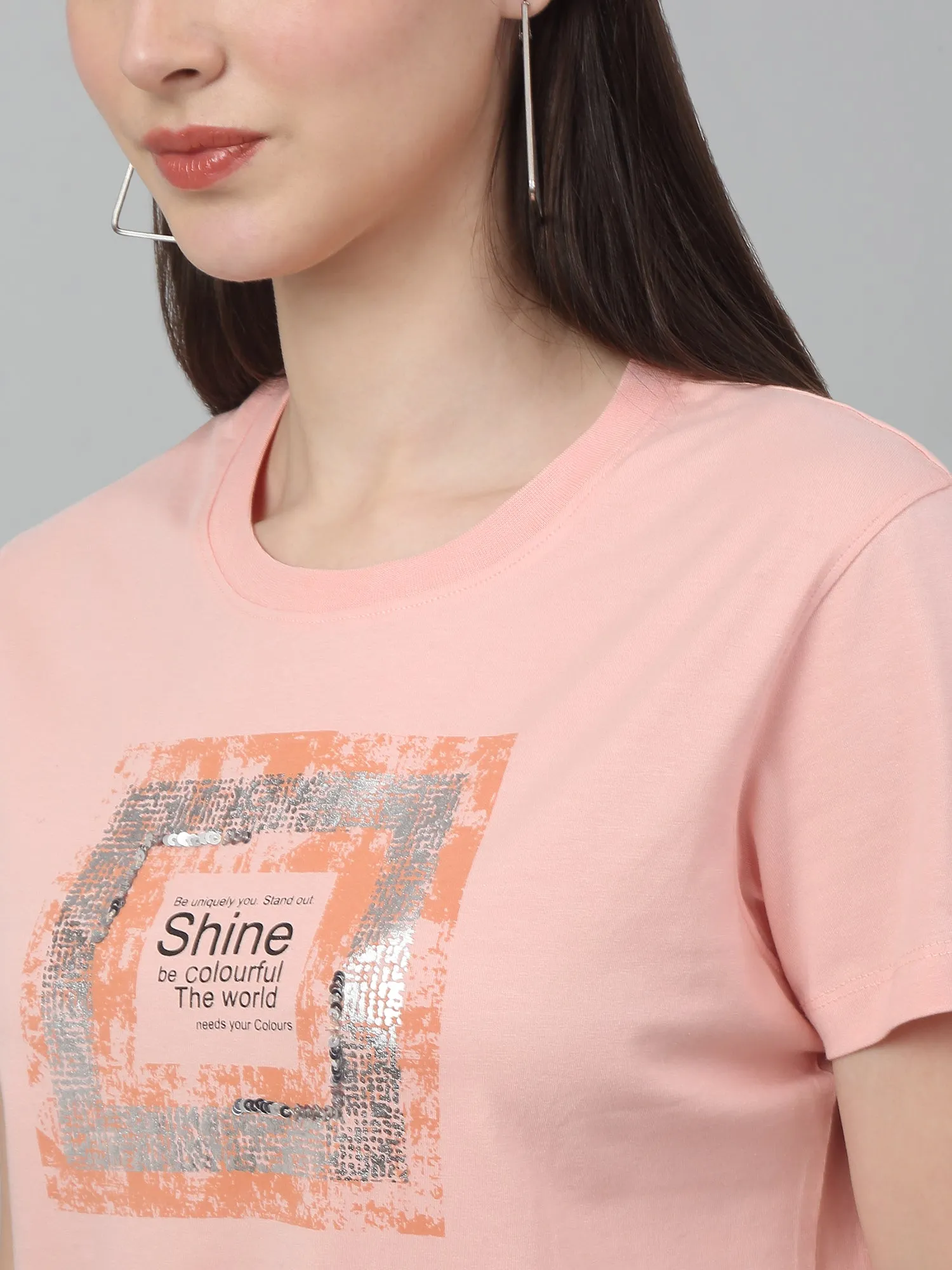 Women's Pink Printed Sequence Work Round Neck Casual T-shirt For Summer