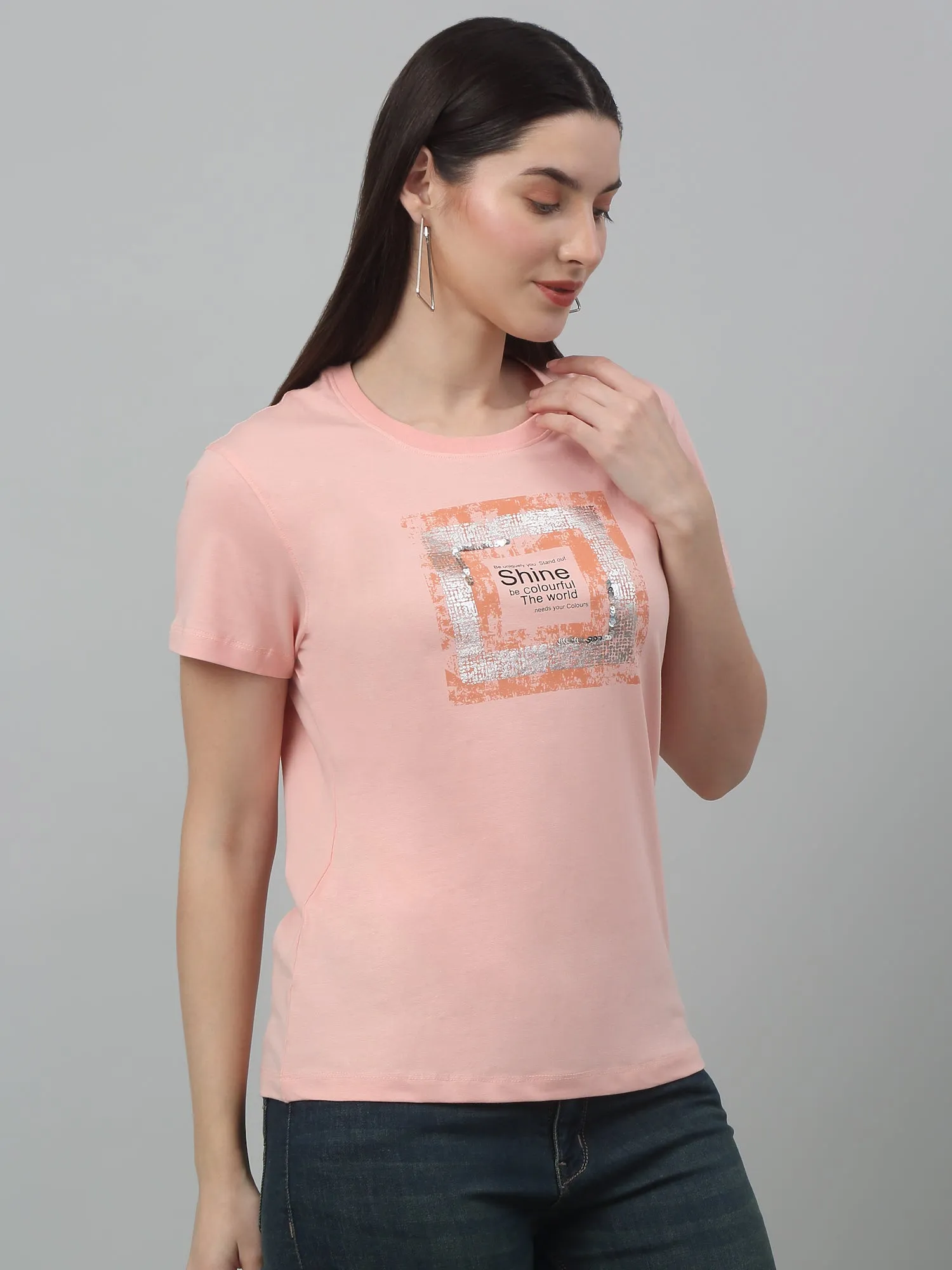 Women's Pink Printed Sequence Work Round Neck Casual T-shirt For Summer