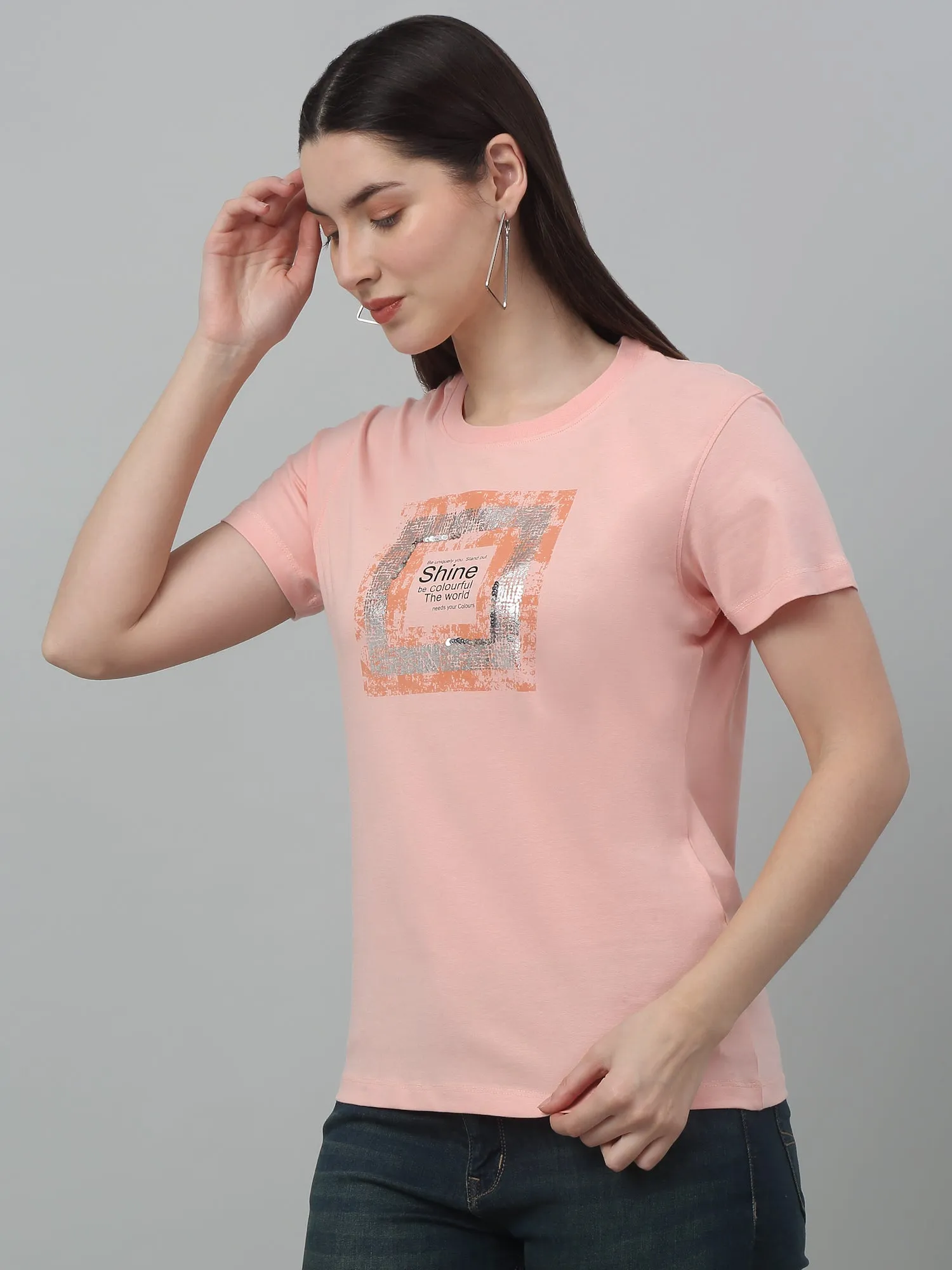 Women's Pink Printed Sequence Work Round Neck Casual T-shirt For Summer