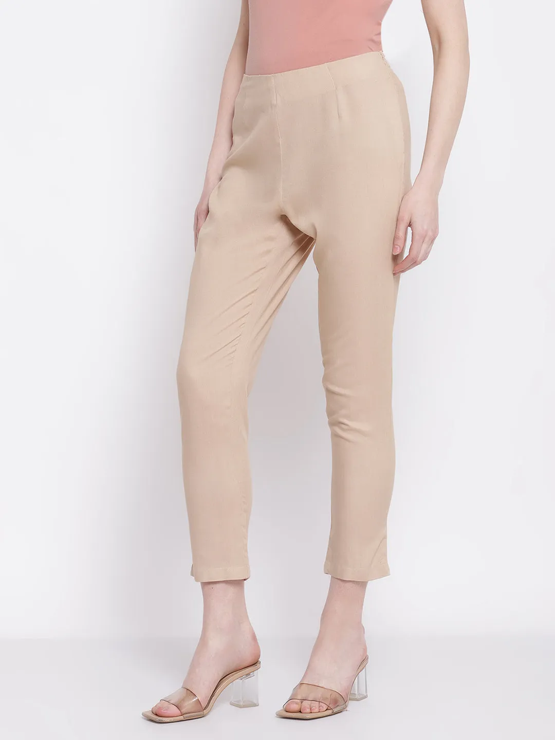 Women's Regular Slim Fit Beige Flat Front Mid rise Ethnic Pant