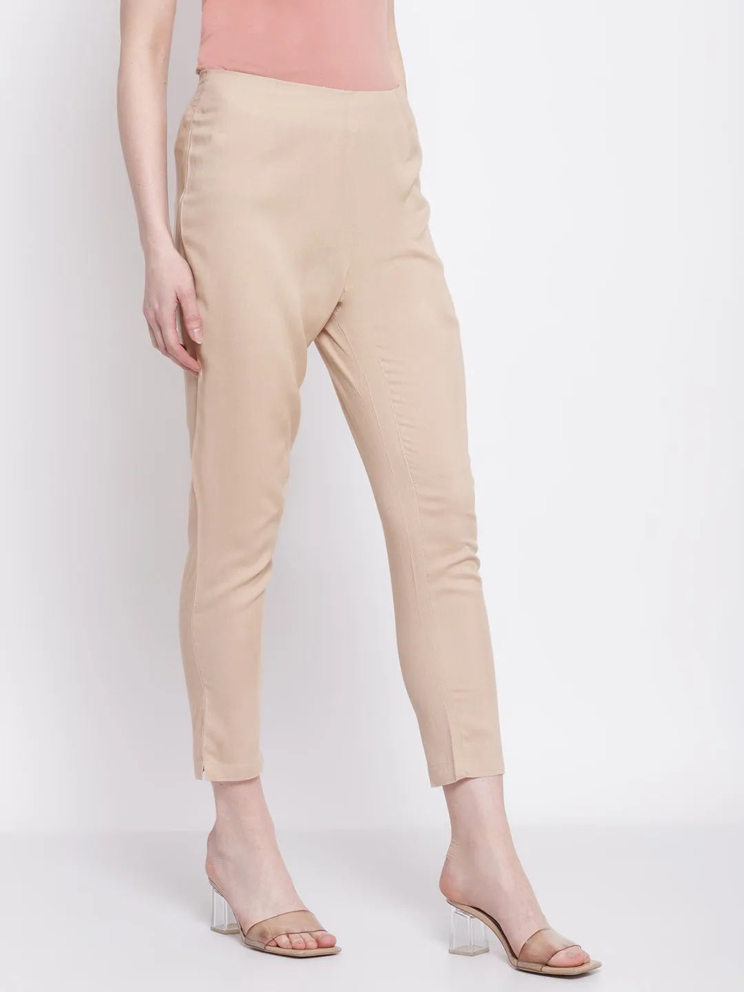 Women's Regular Slim Fit Beige Flat Front Mid rise Ethnic Pant