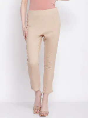 Women's Regular Slim Fit Beige Flat Front Mid rise Ethnic Pant