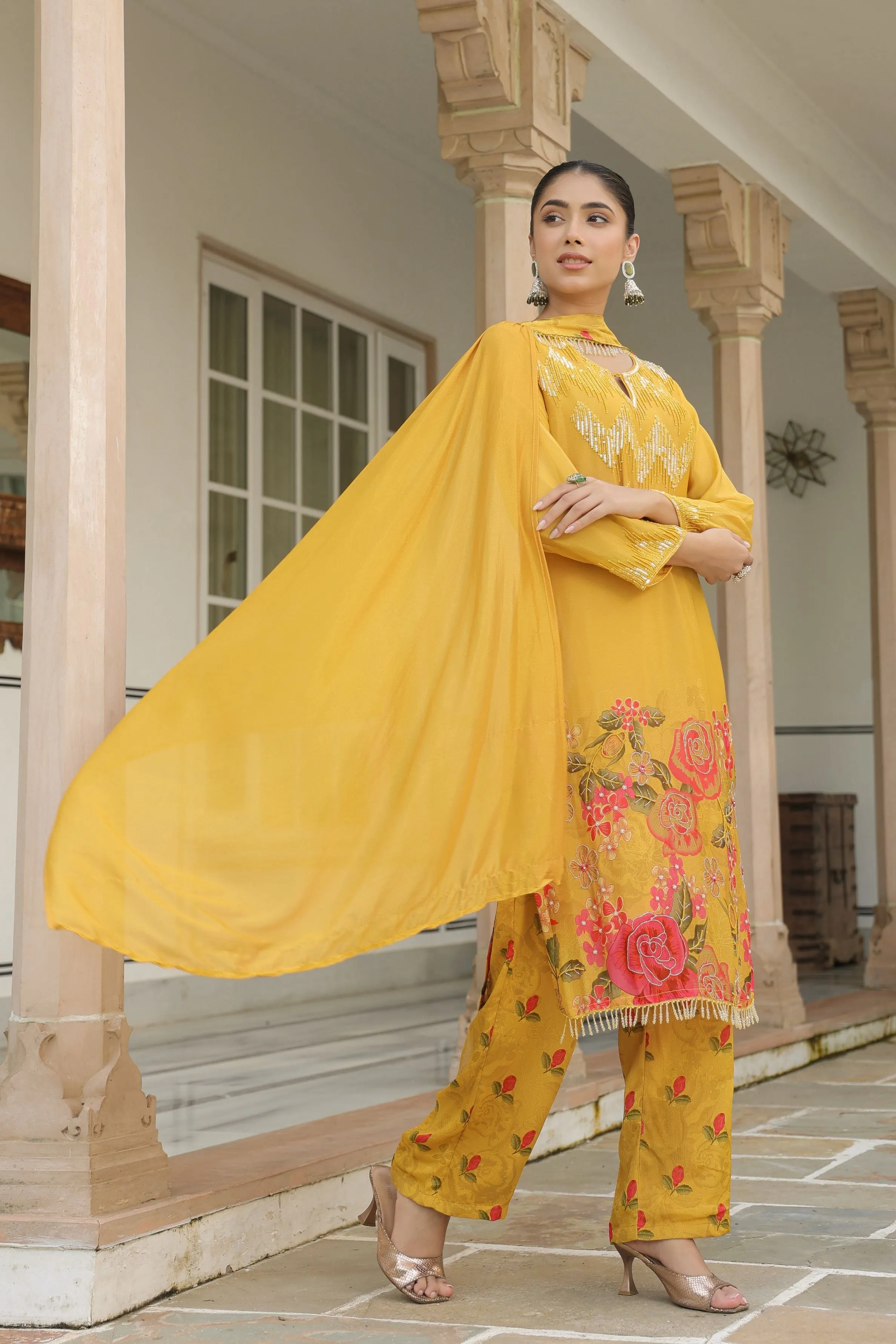 Yellow Floral Printed Chinon Silk Pants Set